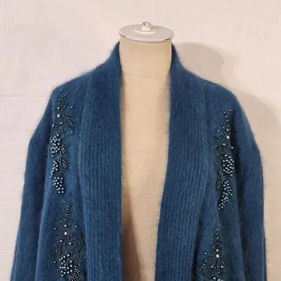 Jamie Teal Blue Angora Open-Front Long-sleeve Cardigan/Sweater Medium - Picture 14 of 16